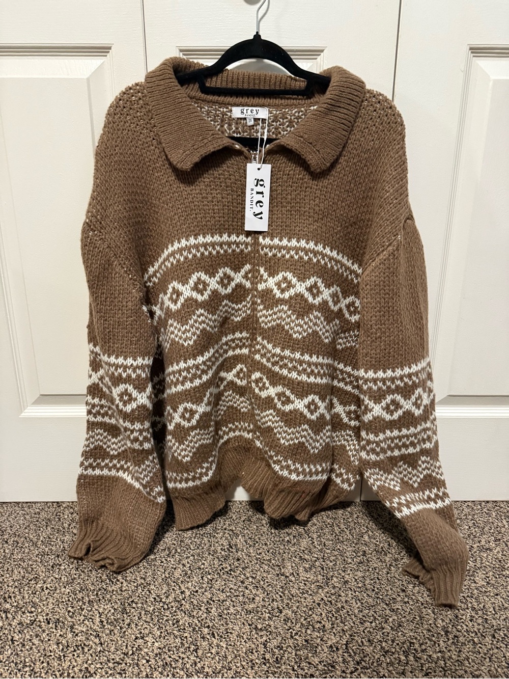 Grey Collared Fair Isle Knit Cardigan Sweater - Brown/White